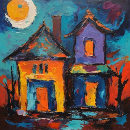 the haunted house,haunted house,witch's house,house painting,lonely house,row houses,church painting,night scene,houses,old houses,ancient house,old town house,old house,little house,woman house,houses silhouette,post impressionism,witch house,house silhouette,tenement,Conceptual Art,Oil color,Oil Color 20