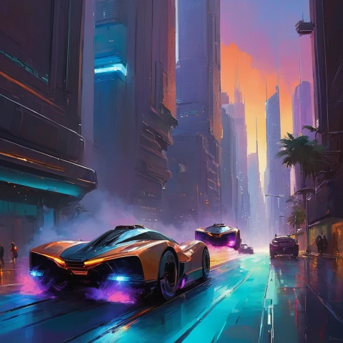 futuristic landscape,futuristic car,ford gt 2020,futuristic,lamborghini aventador,aventador,lamborghini,supercars,street canyon,concept art,neon arrows,concept car,cyberpunk,corvette,lotus 2-eleven,world digital painting,cityscape,street racing,lamborgini,racing road,Conceptual Art,Sci-Fi,Sci-Fi 22