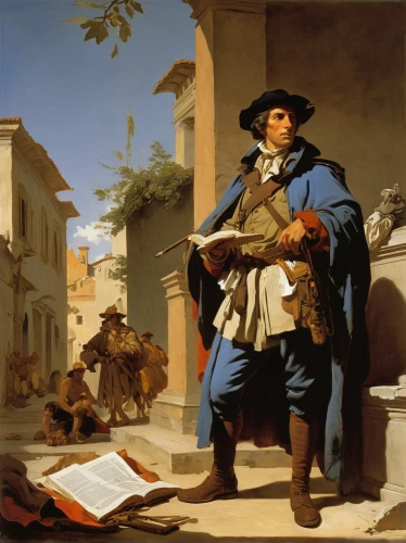 itinerant musician,town crier,pilgrims,man with saxophone,winemaker,samaritan,child with a book,cavalier,street musicians,scholar,musicians,bougereau,christopher columbus,children studying,italian painter,man holding gun and light,pilgrim,violin player,the pied piper of hamelin,conquistador,Art,Classical Oil Painting,Classical Oil Painting 40