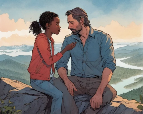 young couple,shepherd romance,girl and boy outdoor,father and daughter,romantic portrait,boy and girl,land love,lori mountain,clementine,digital nomads,little boy and girl,black couple,rosa ' amber cover,hikers,hushpuppy,sci fiction illustration,book illustration,pda,the hands embrace,father daughter,Illustration,Vector,Vector 04