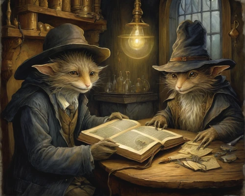 wizards,magic book,readers,fox and hare,scholar,examining,two cats,mice,tutor,children studying,splinter,old books,fairytale characters,reading,witches,hatmaking,rodents,apothecary,vintage mice,e-book readers,Illustration,Realistic Fantasy,Realistic Fantasy 14