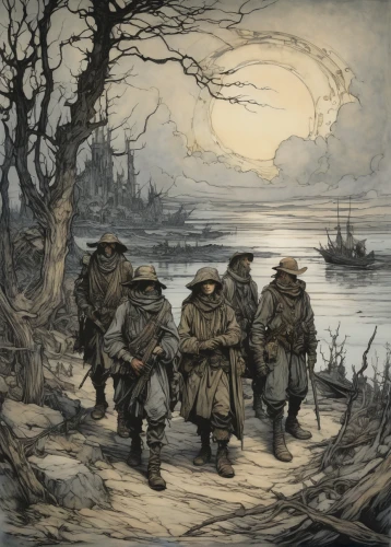 arthur rackham,first world war,lost in war,game illustration,world war 1,warsaw uprising,pilgrims,ww1,patrols,dday,war correspondent,veterans,second world war,remembrance day,french foreign legion,soldiers,war victims,forest workers,infantry,wartime,Illustration,Retro,Retro 25