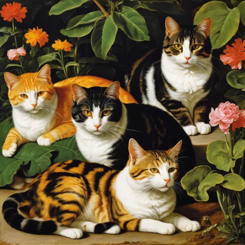 vintage cats,cat family,cattles,american shorthair,felines,cat image,japanese bobtail,cat lovers,cats,calico cat,ginger family,american wirehair,vintage art,oil painting on canvas,oriental painting,oil painting,the mother and children,breed cat,cat european,european shorthair,Art,Classical Oil Painting,Classical Oil Painting 21