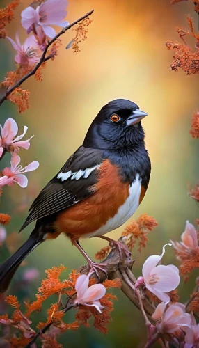 towhee,american robin,spring bird,bull finch,eurasian bullfinch,beautiful bird,flower and bird illustration,eastern towhee,bird flower,blue birds and blossom,nature bird,brambling,bird robin,male finch,bird painting,flame robin,meadow bird,junco,baltimore oriole,bullfinch,Illustration,Realistic Fantasy,Realistic Fantasy 37