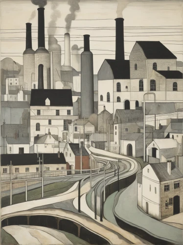 industrial landscape,valley mills,david bates,chimneys,1929,industry,factories,1926,refinery,1925,china clay,industrial plant,smokestack,industries,steel mill,olle gill,brewery,smoke stacks,hudson yard,1921,Art,Artistic Painting,Artistic Painting 28