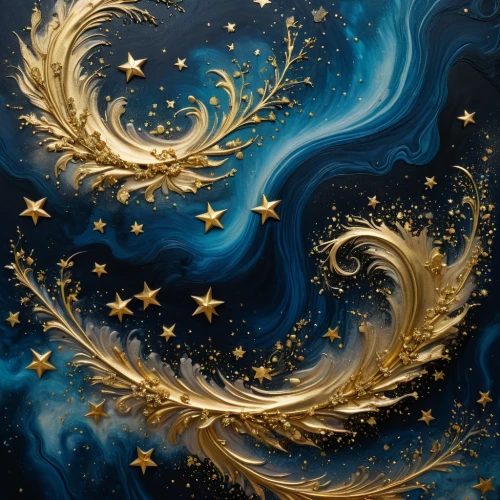 gold foil art,motifs of blue stars,gold leaf,dark blue and gold,gold paint strokes,constellation swan,gold paint stroke,abstract gold embossed,starry sky,falling stars,apophysis,starry night,falling star,star winds,fairy galaxy,gold foil,gilding,stars and moon,fractal art,starscape,Photography,General,Fantasy