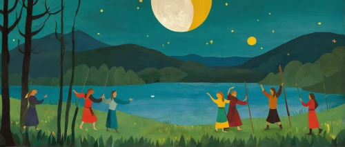 the night of kupala,hanging moon,celebration of witches,night scene,mid-autumn festival,fairies aloft,spring equinox,galilean moons,iapetus,moons,indigenous painting,khokhloma painting,celestial bodies,fireflies,druids,frutti di bosco,herfstanemoon,constellation lyre,torch-bearer,walpurgis night,Art,Artistic Painting,Artistic Painting 28