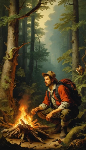 woodsman,campfire,hunting scene,forest workers,campfires,boy scouts of america,lumberjack,lumberjack pattern,robert duncanson,fire artist,boy scouts,firewood,bushcraft,fire wood,burned firewood,wood fire,farmer in the woods,forest fire,camp fire,fire master,Art,Classical Oil Painting,Classical Oil Painting 37