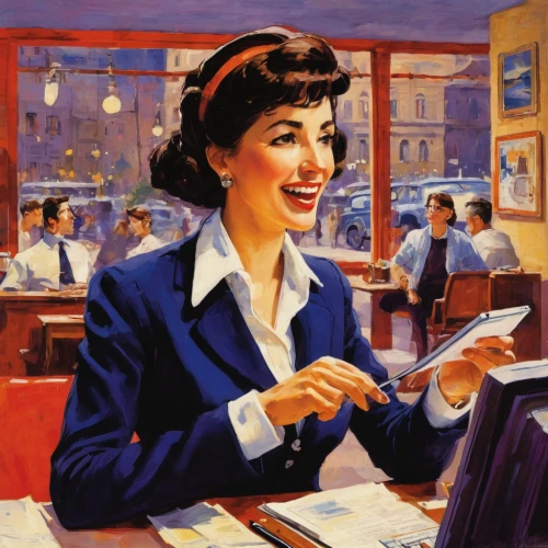 woman at cafe,cashier,girl at the computer,woman holding pie,woman drinking coffee,women at cafe,waitress,retro diner,receptionist,woman holding a smartphone,telephone operator,retro woman,woman with ice-cream,ann margarett-hollywood,retro women,salesgirl,woman eating apple,receptionists,cigarette girl,50s,Art,Classical Oil Painting,Classical Oil Painting 32