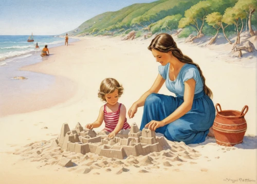 building sand castles,sand castle,sandcastle,sand sculptures,sand sculpture,sand art,little girl and mother,sea shore temple,capricorn mother and child,beach landscape,nomadic children,indian art,holy family,step pyramid,children drawing,mother with child,easter islands,oil painting,people on beach,mother and child,Art,Classical Oil Painting,Classical Oil Painting 24