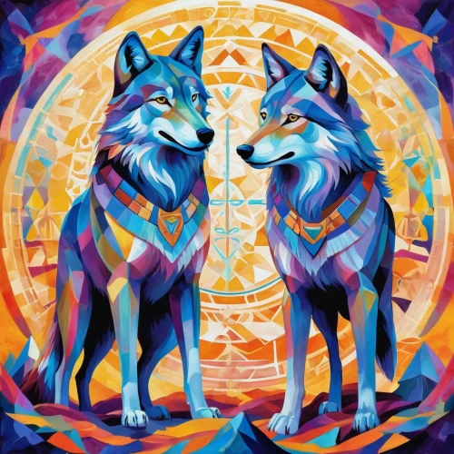 two wolves,wolves,wolf couple,howling wolf,color dogs,constellation wolf,kaleidoscope art,psychedelic art,kaleidoscope,wolf,huskies,howl,sun and moon,shamanic,gemini,shamanism,canines,duality,kaleidoscopic,canis lupus,Illustration,Vector,Vector 07