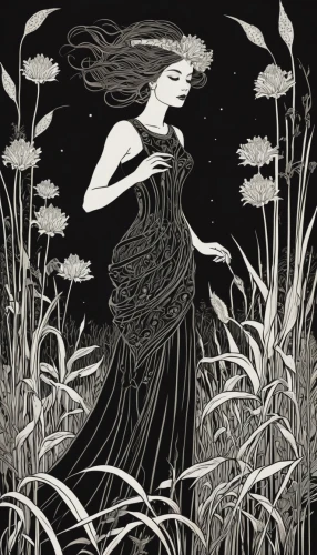 rusalka,the night of kupala,mourning swan,queen of the night,mayweed,in the tall grass,book illustration,siren,dryad,black and dandelion,silver grass,faerie,flora,gold foil mermaid,the enchantress,flower and bird illustration,faery,pisces,water-the sword lily,kahila garland-lily,Illustration,Black and White,Black and White 21