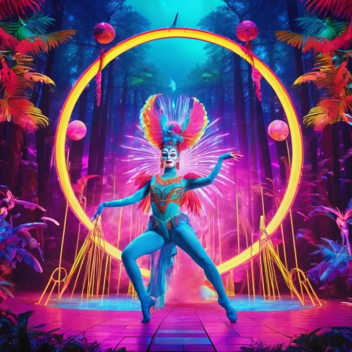 cirque du soleil,neon body painting,cirque,easter background,firedancer,fantasia,neon carnival brasil,samba deluxe,hula,masquerade,easter theme,cg artwork,glowing antlers,unicorn background,fairy world,performer,life stage icon,fire dancer,april fools day background,circus stage,Conceptual Art,Sci-Fi,Sci-Fi 28
