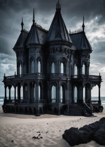 ghost castle,haunted castle,sunken church,the haunted house,house of the sea,water castle,gothic architecture,haunted house,gothic style,witch's house,abandoned place,mortuary temple,haunted cathedral,beach house,dark beach,witch house,desolation,sand castle,abandoned,gothic,Illustration,Realistic Fantasy,Realistic Fantasy 46