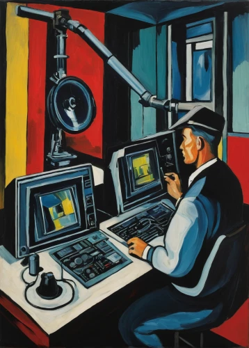 man with a computer,camera illustration,television studio,dispatcher,videoconferencing,in a studio,theodolite,spy camera,studio monitor,radio set,control desk,two-way radio,projectionist,broadcasting,in a working environment,switchboard operator,recordings,computer room,radio network,telephone operator,Art,Artistic Painting,Artistic Painting 37