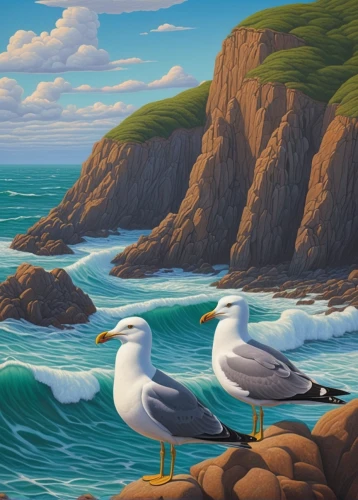 gulls,sea gulls,seabirds,herring gulls,sea birds,crested terns,seagulls,flying sea gulls,puffins,silver gulls,seagulls birds,seagulls flock,seabird,seagull,coastal landscape,birds of the sea,kelp gulls in love,sea-gull,sea gull,terns,Illustration,Retro,Retro 16