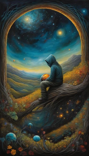 shamanism,shamanic,dreams catcher,mother earth,fantasy art,fantasy picture,pachamama,mirror in the meadow,the cradle,astral traveler,mysticism,dreamland,dream world,wishing well,surrealism,astronomer,psychedelic art,the flute,art painting,night scene,Illustration,Realistic Fantasy,Realistic Fantasy 34