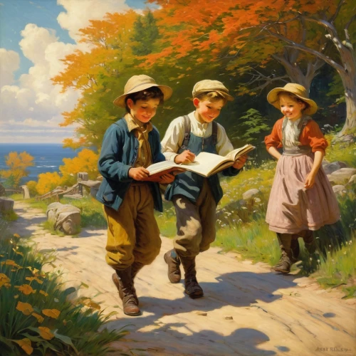 children studying,pilgrims,school children,happy children playing in the forest,children learning,children drawing,readers,walk with the children,hikers,people reading newspaper,children,parents with children,vintage children,child with a book,forest workers,girl picking apples,painting technique,young couple,children playing,orienteering,Art,Classical Oil Painting,Classical Oil Painting 15