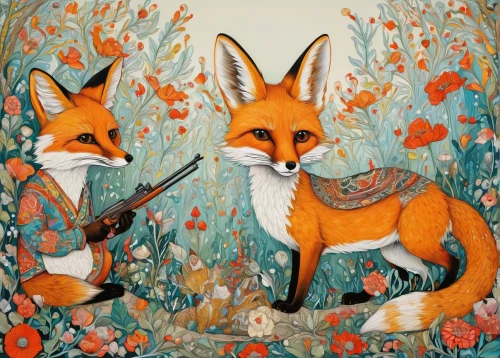 fox hunting,foxes,fox and hare,fox stacked animals,fox,hunting scene,south american gray fox,garden-fox tail,whimsical animals,vulpes vulpes,woodland animals,animals hunting,violinists,a fox,child fox,redfox,kit fox,red fox,hares,rabbits and hares,Illustration,Abstract Fantasy,Abstract Fantasy 04
