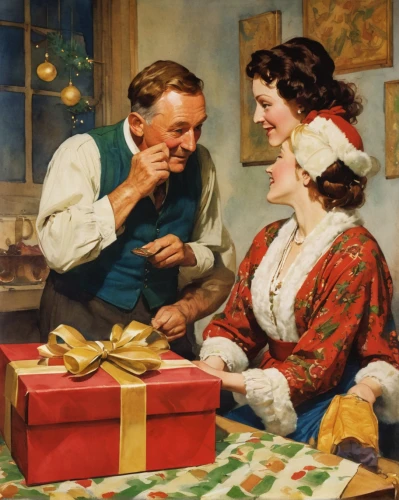 opening presents,vintage christmas,christmas messenger,the gifts,modern christmas card,woman holding pie,handing out christmas presents,christmas congratulations,christmas vintage,the occasion of christmas,mistletoe,vintage christmas card,a gift,christmas scene,gift wrapping,vintage christmas calendar,presents,gifts,christmas woman,young couple,Illustration,Paper based,Paper Based 23