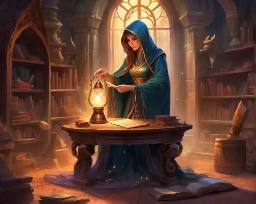 candlemaker,scholar,librarian,sorceress,apothecary,mage,magic grimoire,divination,magic book,priestess,wizard,spell,clockmaker,debt spell,alchemy,girl studying,fortune teller,medieval hourglass,parchment,magus,Illustration,Realistic Fantasy,Realistic Fantasy 01