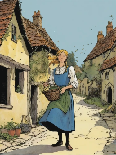 girl with bread-and-butter,peddler,girl in the kitchen,busy lizzie,kate greenaway,medieval street,milkmaid,woman holding pie,knight village,girl in a historic way,apothecary,village life,town crier,laundress,book illustration,blacksmith,hatmaking,vintage illustration,tinsmith,candlemaker,Illustration,Paper based,Paper Based 21