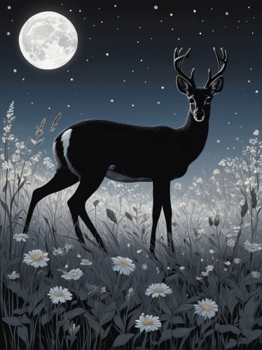 deer illustration,deer drawing,whitetail,moonlit night,young-deer,the night of kupala,deer,white-tailed deer,dotted deer,european deer,whitetail buck,mule deer,deers,barren ground caribou,glowing antlers,pere davids deer,fawns,male deer,fallow deer,moonlit,Illustration,Japanese style,Japanese Style 11