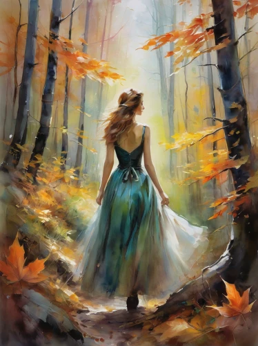 ballerina in the woods,autumn idyll,autumn background,world digital painting,girl in a long dress,digital painting,falling on leaves,girl walking away,the autumn,autumn forest,autumn landscape,light of autumn,autumn walk,woman walking,faerie,fantasy picture,autumn theme,fallen leaves,throwing leaves,autumn leaves,Illustration,Paper based,Paper Based 11