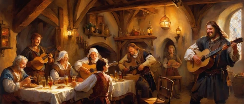 pilgrims,holy supper,tavern,soup kitchen,medieval market,carolers,carol singers,last supper,musicians,candlemas,gnomes at table,christ feast,church painting,eucharist,dwarf cookin,the pied piper of hamelin,holy communion,communion,nativity of christ,wine tavern,Conceptual Art,Oil color,Oil Color 03