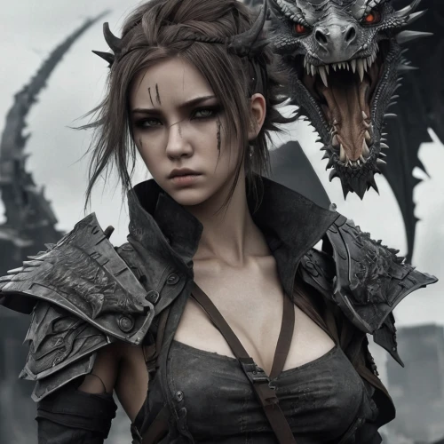 female warrior,black dragon,huntress,dark elf,fantasy art,warrior and orc,dragon li,gara,fantasy portrait,dragon slayer,lara,dragon,fantasy warrior,wyrm,crocodile woman,warrior woman,fantasy picture,dragons,gothic portrait,thorns,Conceptual Art,Fantasy,Fantasy 33