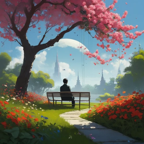 springtime background,park bench,spring morning,spring background,japanese sakura background,sakura background,spring garden,bench,garden bench,man on a bench,springtime,world digital painting,the cherry blossoms,walk in a park,flower painting,benches,digital painting,landscape background,falling flowers,idyll,Conceptual Art,Sci-Fi,Sci-Fi 07