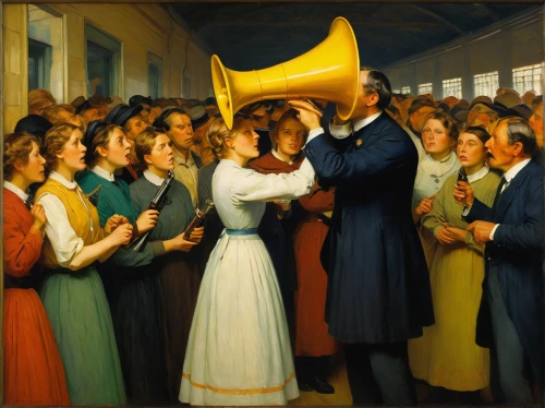 carolers,choral,music society,musicians,singers,serenade,church choir,megaphone,electric megaphone,carol singers,street musicians,fanfare horn,musical ensemble,brass band,orchestra,the listening,chorus,trombone concert,handheld electric megaphone,trumpet,Art,Classical Oil Painting,Classical Oil Painting 20