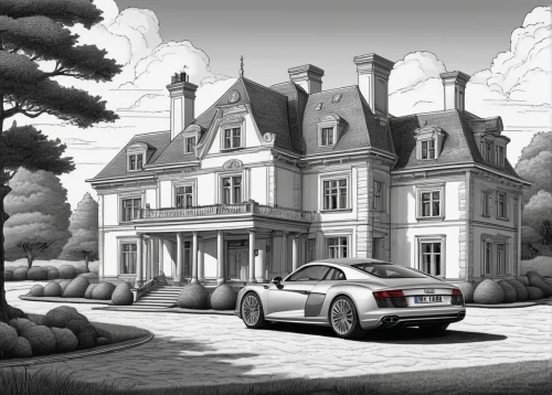 manor,bendemeer estates,bentley continental gtc,chateau,mansion,luxury property,stately home,bentley t-series,private house,luxury home,illustration of a car,aston martin rapide,bentley continental supersports,private estate,bentley eight,aston martin virage,dunrobin,luxury real estate,luxury car,bentley speed six,Illustration,Black and White,Black and White 14