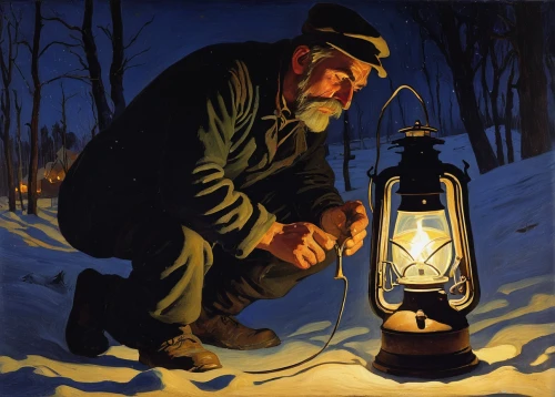 lamplighter,kerosene lamp,illuminated lantern,retro kerosene lamp,gas lamp,vintage lantern,lantern,searchlamp,oil lamp,christmas lantern,incandescent lamp,torchlight,david bates,portable light,night scene,emergency light,winter service,night watch,the light bulb,facade lantern,Art,Classical Oil Painting,Classical Oil Painting 27