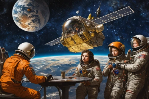 space art,sci fiction illustration,astronauts,spacewalk,space walk,spacewalks,space craft,space tourism,astronautics,cosmonautics day,space travel,international space station,round table,meticulous painting,space voyage,spacesuit,space station,oil painting on canvas,chess game,astronomers,Art,Classical Oil Painting,Classical Oil Painting 29