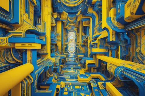 yellow and blue,yellow machinery,maze,sci fiction illustration,descent,tubes,bottleneck,panoramical,blueprints,cinema 4d,mandelbulb,machinery,drainage,biomechanical,heavy object,water pipes,blueprint,pipes,industrial tubes,metropolis,Illustration,Abstract Fantasy,Abstract Fantasy 08