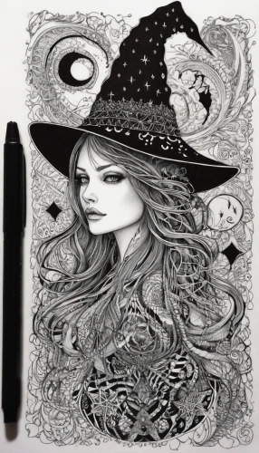 witch hat,witch's hat,halloween witch,witch,halloween illustration,witch broom,halloween line art,celebration of witches,the witch,witch's hat icon,hand-drawn illustration,witches,pen drawing,witches hat,sorceress,witches' hats,witches pentagram,coloring page,pencil art,illustrator,Illustration,Black and White,Black and White 11