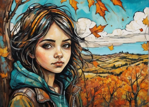 girl with tree,autumn icon,girl with bread-and-butter,clementine,little girl in wind,art painting,autumn background,oil painting on canvas,david bates,autumn landscape,girl portrait,fall landscape,oil painting,girl drawing,young girl,oil on canvas,lori,girl in a long,portrait of a girl,mystical portrait of a girl,Illustration,Realistic Fantasy,Realistic Fantasy 23