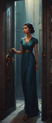 girl in a long dress,apothecary,a girl in a dress,the threshold of the house,merida,shopkeeper,merchant,gatekeeper (butterfly),in the door,tiana,door husband,blue door,threshold,digital painting,the door,sci fiction illustration,transistor,blue enchantress,girl in a historic way,open door,Conceptual Art,Fantasy,Fantasy 17