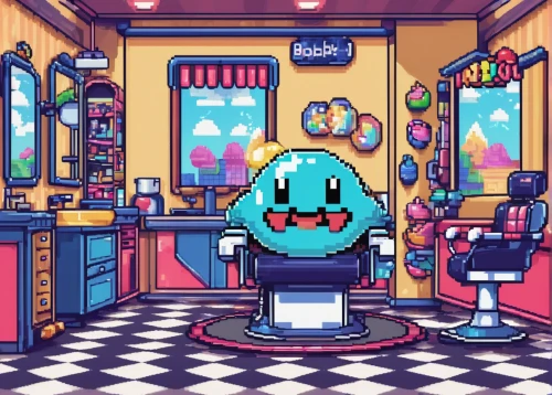 retro diner,soda shop,shopkeeper,barbershop,barber shop,gumball machine,pixaba,ice cream shop,retro lamp,pixel art,dentist,retro background,retro styled,arcade game,coffee shop,ufo interior,arcade,cake shop,beauty room,cyan,Unique,Pixel,Pixel 02