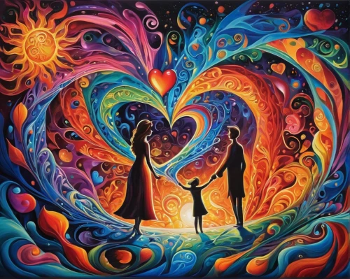 heart chakra,the luv path,all forms of love,dancing couple,handing love,loving couple sunrise,heart flourish,heart swirls,colorful heart,couple in love,two hearts,two people,declaration of love,heart energy,true love symbol,psychedelic art,fire heart,love in air,mantra om,heart in hand,Illustration,Realistic Fantasy,Realistic Fantasy 39