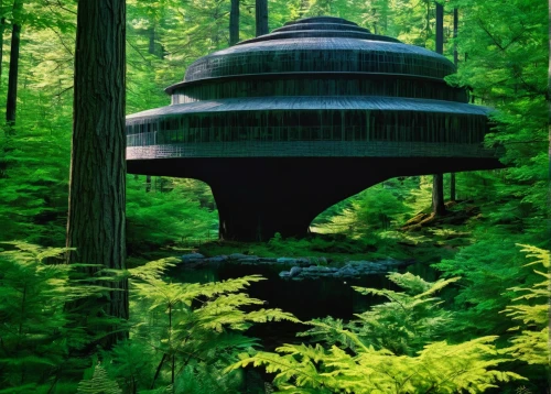 forest chapel,vipassana,tree house hotel,japanese architecture,tree house,house in the forest,kumano kodo,treehouse,forest workplace,round hut,round house,stone pagoda,greenforest,flying saucer,futuristic architecture,buzludzha,ufo interior,fairy chimney,germany forest,cooling tower,Conceptual Art,Sci-Fi,Sci-Fi 02
