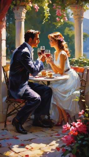 romantic dinner,romantic scene,romantic meeting,romantic portrait,dinner for two,afternoon tea,teatime,serenade,dining,breakfast outside,breakfast table,tea time,high tea,honeymoon,romantic,romantic night,date,dog cafe,tearoom,courtship,Conceptual Art,Oil color,Oil Color 09