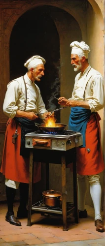 cookery,aligot,sicilian cuisine,dutch oven,dwarf cookin,cooking pot,cooks,chef's uniform,mediterranean cuisine,men chef,chefs,cuisine classique,red cooking,food and cooking,cannon oven,tinsmith,masonry oven,food preparation,dervishes,chef,Art,Classical Oil Painting,Classical Oil Painting 42