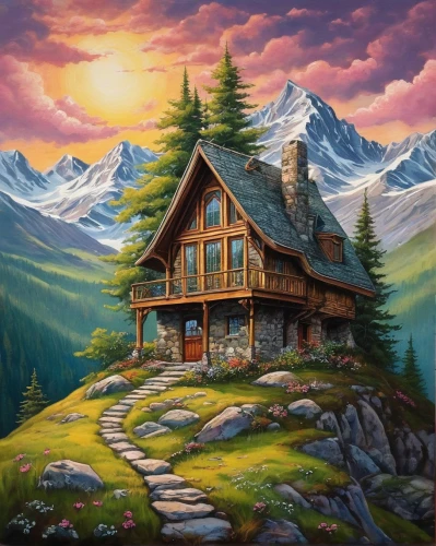 house in mountains,house in the mountains,the cabin in the mountains,house in the forest,summer cottage,home landscape,lonely house,log cabin,cottage,house with lake,little house,mountain hut,mountain settlement,mountain scene,alpine village,small cabin,house painting,wooden house,small house,alpine hut,Illustration,Abstract Fantasy,Abstract Fantasy 10