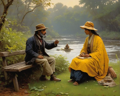 young couple,romantic scene,courtship,idyll,girl on the river,the blonde in the river,river landscape,conversation,the listening,man and wife,romantic portrait,fisher,woman at the well,oil painting,bougereau,people fishing,on the river,asher durand,casting (fishing),raven river,Art,Classical Oil Painting,Classical Oil Painting 32