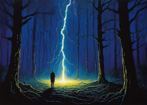oil painting on canvas,oil on canvas,hooded man,ghost forest,oil painting,sci fiction illustration,fantasy picture,dowsing,lightning storm,art painting,forest of dreams,holy forest,light bearer,thunderstorm,lightning,steve medlin,forest background,light of night,the mystical path,haunted forest,Illustration,Abstract Fantasy,Abstract Fantasy 20