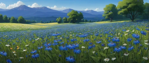 alpine meadow,meadow landscape,mountain meadow,summer meadow,flower meadow,spring meadow,flower field,cornflower field,meadow,flowering meadow,field of flowers,meadow in pastel,flowers field,blooming field,clover meadow,meadow flowers,the valley of flowers,blue daisies,salt meadow landscape,green meadow,Illustration,Realistic Fantasy,Realistic Fantasy 12