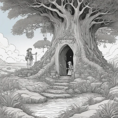 tree house,oak tree,witch's house,treehouse,the roots of trees,devilwood,tree and roots,tree of life,tree grove,fairy house,bodhi tree,the girl next to the tree,roots,druid grove,backgrounds,book illustration,fairy door,detail shot,elven forest,magic tree,Illustration,Black and White,Black and White 13
