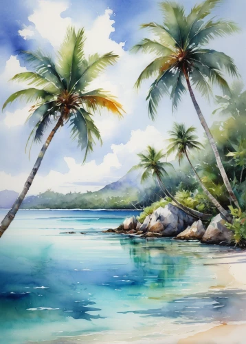 watercolor palm trees,beach landscape,coconut trees,tropical sea,coastal landscape,tropical beach,beach scenery,sea landscape,coconut palms,tropical island,palmtrees,landscape background,an island far away landscape,coconut tree,caribbean beach,watercolor background,palm trees,dream beach,landscape with sea,coconut palm tree,Illustration,Paper based,Paper Based 03